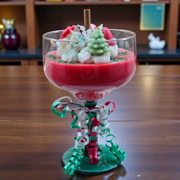 Holiday Candle ✦ Mistletoe & Cinnamon ✦ Soy Wax in XL Wine Glass w/ Green Stem - Picture 9 of 11